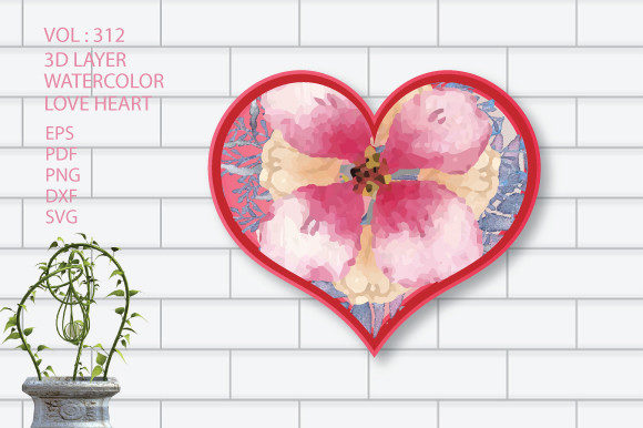 3d Valentine Layer Love Heart Watercolor Graphics for Crafts